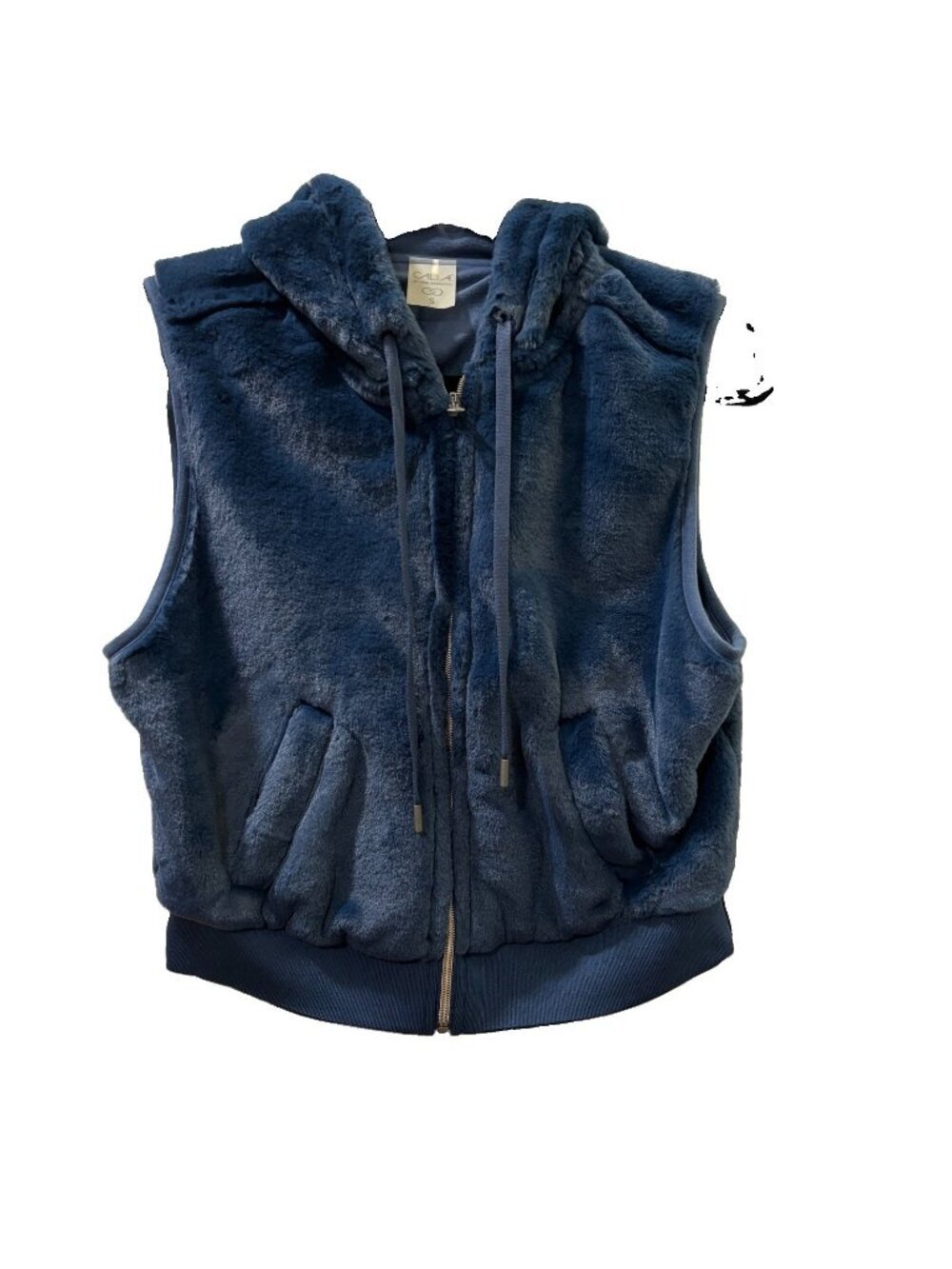 Calia Plush Faux Fur Hooded Vest Full Zip Womens Size Small Blue